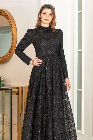 Simli Taşlı Nilda Evening Dress - Black - 4