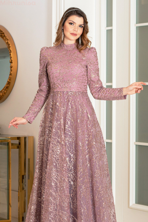 Simli Taşlı Nilda Evening Dress - Dried Rose - 4