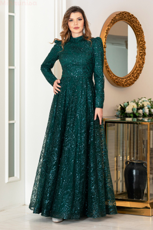 Simli Taşlı Nilda Evening Dress - Emerald 