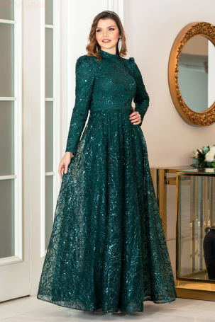 Simli Taşlı Nilda Evening Dress - Emerald - 2