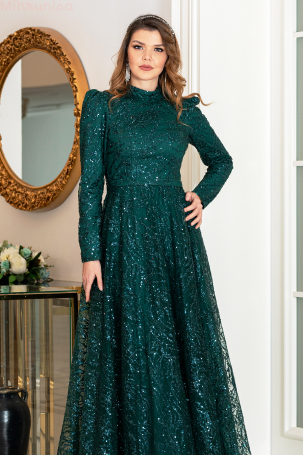 Simli Taşlı Nilda Evening Dress - Emerald - 4