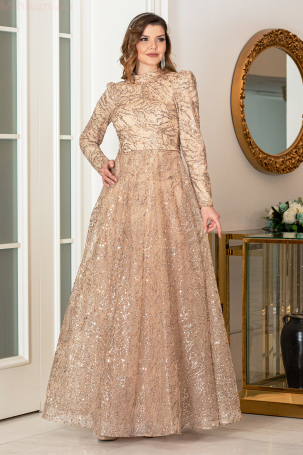 Simli Taşlı Nilda Evening Dress - Gold - 1