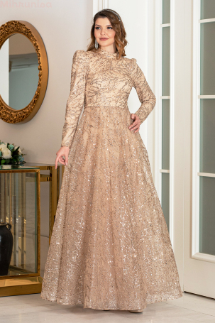 Simli Taşlı Nilda Evening Dress - Gold - 2