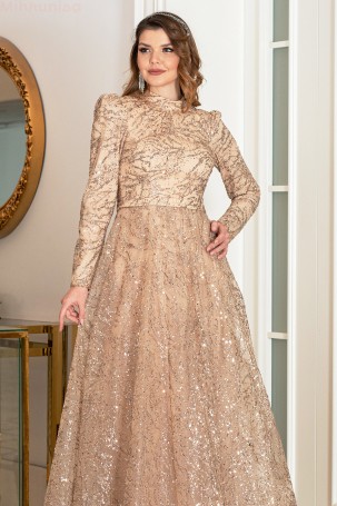 Simli Taşlı Nilda Evening Dress - Gold - 4