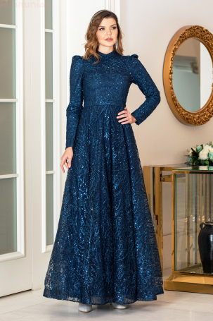 Simli Taşlı Nilda Evening Dress - Navy Blue - 1