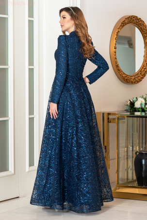 Simli Taşlı Nilda Evening Dress - Navy Blue - 2