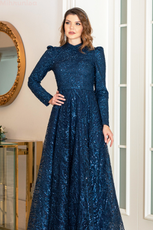 Simli Taşlı Nilda Evening Dress - Navy Blue - 4