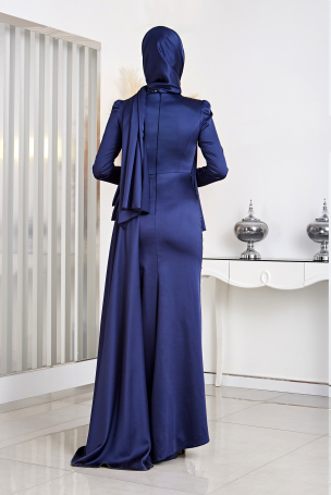 Skirt Feather Detail Embroidered Satin Dicle Evening Dress - Navy Blue - 2