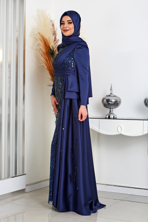 Skirt Feather Detail Embroidered Satin Dicle Evening Dress - Navy Blue - 4