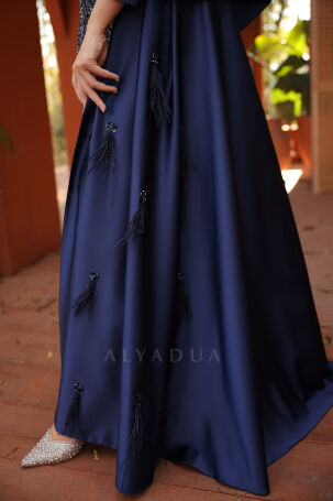 Skirt Feather Detail Embroidered Satin Dicle Evening Dress - Navy Blue - 6