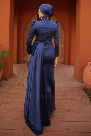 Skirt Feather Detail Embroidered Satin Dicle Evening Dress - Navy Blue - 2