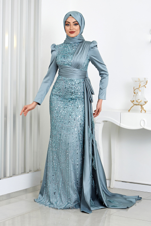 Skirt Feather Detail Front Embroidered Satin Dicle Evening Dress - Mint 