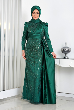 Skirt Feather Detail Front Processed Satin Dicle Evening Dress - Emerald - Rana Zenn