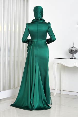 Skirt Feather Detail Front Processed Satin Dicle Evening Dress - Emerald - 2