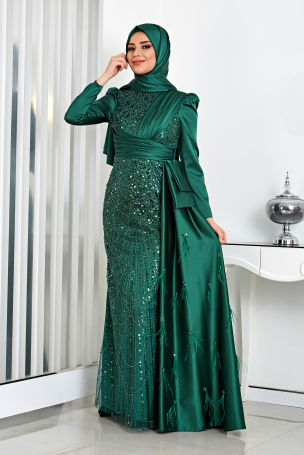 Skirt Feather Detail Front Processed Satin Dicle Evening Dress - Emerald - 4