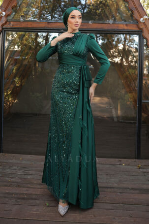 Skirt Feather Detail Front Processed Satin Dicle Evening Dress - Emerald - Rana Zenn