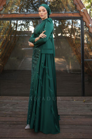 Skirt Feather Detail Front Processed Satin Dicle Evening Dress - Emerald - 4