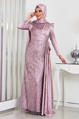 Skirt Feather Detail Front Processed Satin Dicle Evening Dress - Lilac 