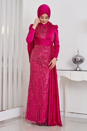 Skirt with Feather Detail Front Processed Satin Dicle Evening Dress - Fuchsia - Rana Zenn