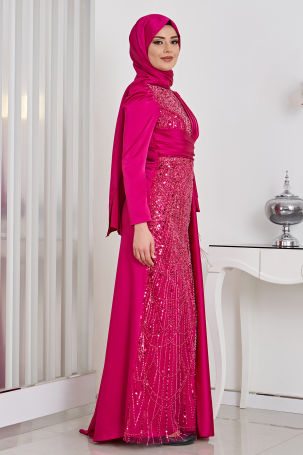 Skirt with Feather Detail Front Processed Satin Dicle Evening Dress - Fuchsia - 4