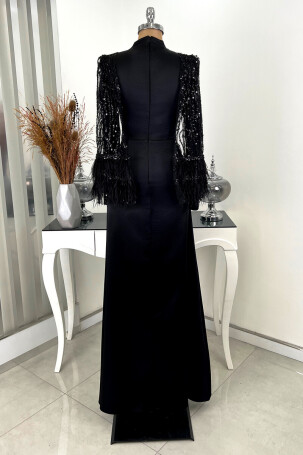 Sleeve Cape Feathered Sequin Detail Madame Evening Gown - Black - 5