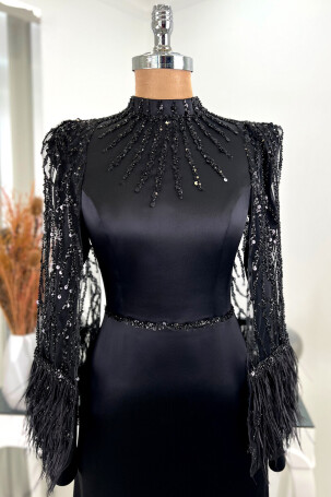 Sleeve Cape Feathered Sequin Detail Madame Evening Gown - Black - 6