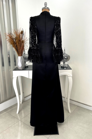 Sleeve Cape Feathered Sequin Detail Madame Evening Gown - Black - 2