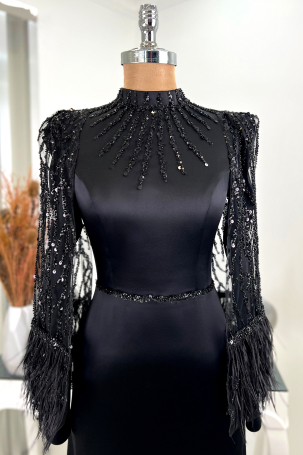 Sleeve Cape Feathered Sequin Detail Madame Evening Gown - Black - 3