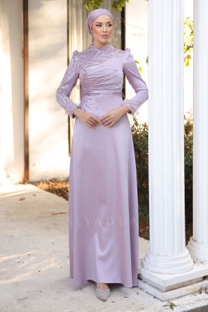 Sleeve Feather Detail Draped and Embroidered Satin Bianca Evening Dress - Lilac 