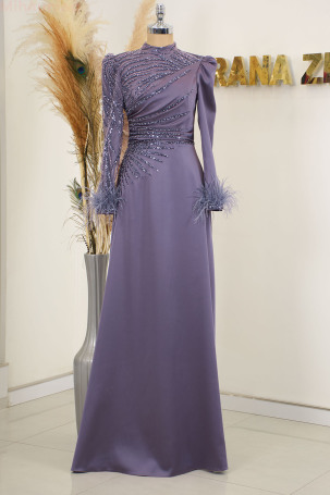 Sleeve Feather Detail Draped and Embroidered Satin Bianca Evening Dress - Purple - 1