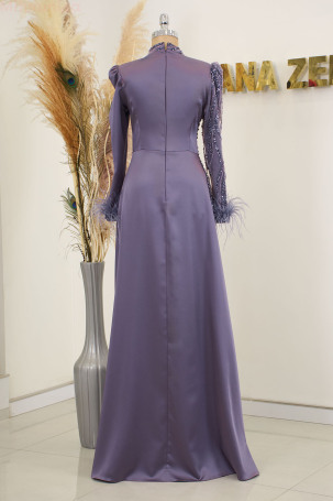 Sleeve Feather Detail Draped and Embroidered Satin Bianca Evening Dress - Purple - 2