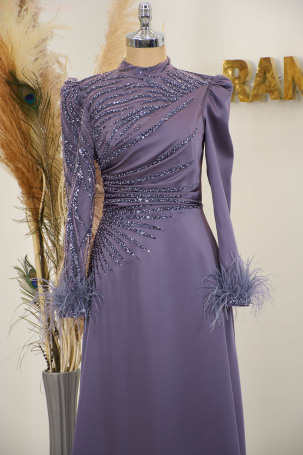 Sleeve Feather Detail Draped and Embroidered Satin Bianca Evening Dress - Purple - 3