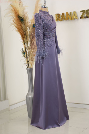 Sleeve Feather Detail Draped and Embroidered Satin Bianca Evening Dress - Purple - 4