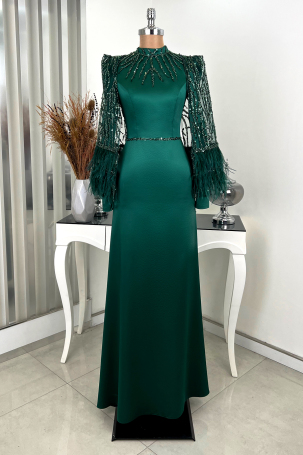 Sleeved Cape Feathered Sequin Detail Miss Evening Dress - Emerald 