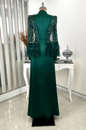 Sleeved Cape Feathered Sequin Detail Miss Evening Dress - Emerald - 2