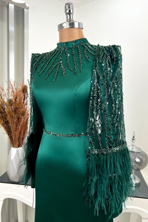 Sleeved Cape Feathered Sequin Detail Miss Evening Dress - Emerald - 4