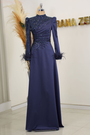 Sleeves Feather Detail Draped and Embroidered Satin Bianca Evening Dress - Navy Blue - Rana Zenn