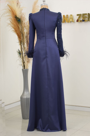 Sleeves Feather Detail Draped and Embroidered Satin Bianca Evening Dress - Navy Blue - 2