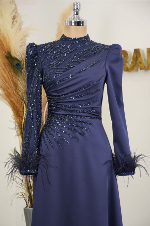 Sleeves Feather Detail Draped and Embroidered Satin Bianca Evening Dress - Navy Blue - 3