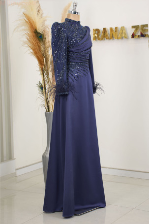 Sleeves Feather Detail Draped and Embroidered Satin Bianca Evening Dress - Navy Blue - 4