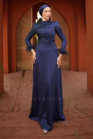 Sleeves Feather Detail Draped and Embroidered Satin Bianca Evening Dress - Navy Blue 