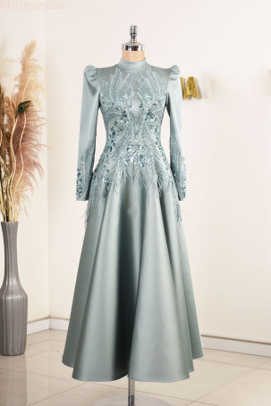 Special Design Satin Holly Evening Dress with Embroidered Front and Sleeves - Mint 