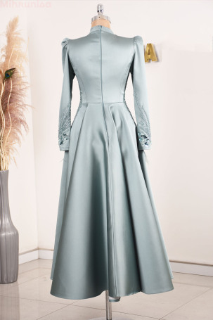 Special Design Satin Holly Evening Dress with Embroidered Front and Sleeves - Mint - 2