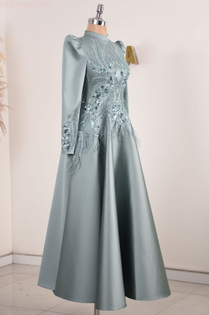 Special Design Satin Holly Evening Dress with Embroidered Front and Sleeves - Mint - 4