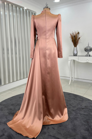 Special Satin Leaf Evening Dress with Floral Embroidery - Rose - 2