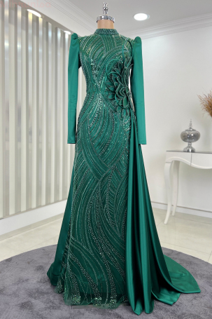 Special Satin Leaf Evening Dress with Flower Embroidery - Emerald 