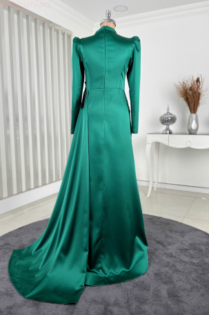 Special Satin Leaf Evening Dress with Flower Embroidery - Emerald - 2