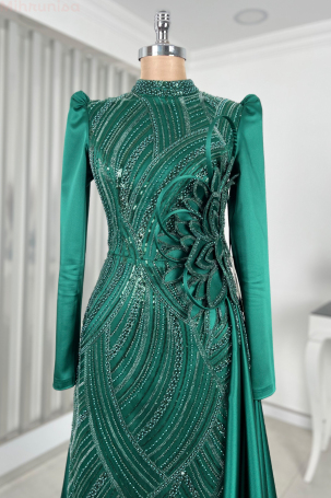 Special Satin Leaf Evening Dress with Flower Embroidery - Emerald - 3