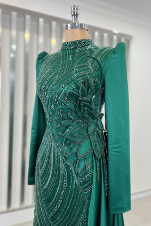 Special Satin Leaf Evening Dress with Flower Embroidery - Emerald - 4