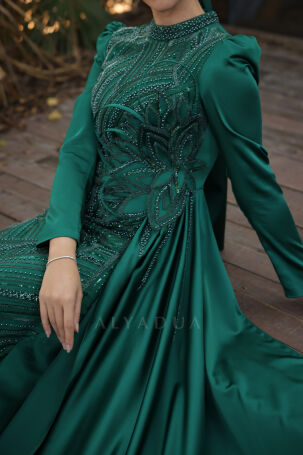 Special Satin Leaf Evening Dress with Flower Embroidery - Emerald - 5